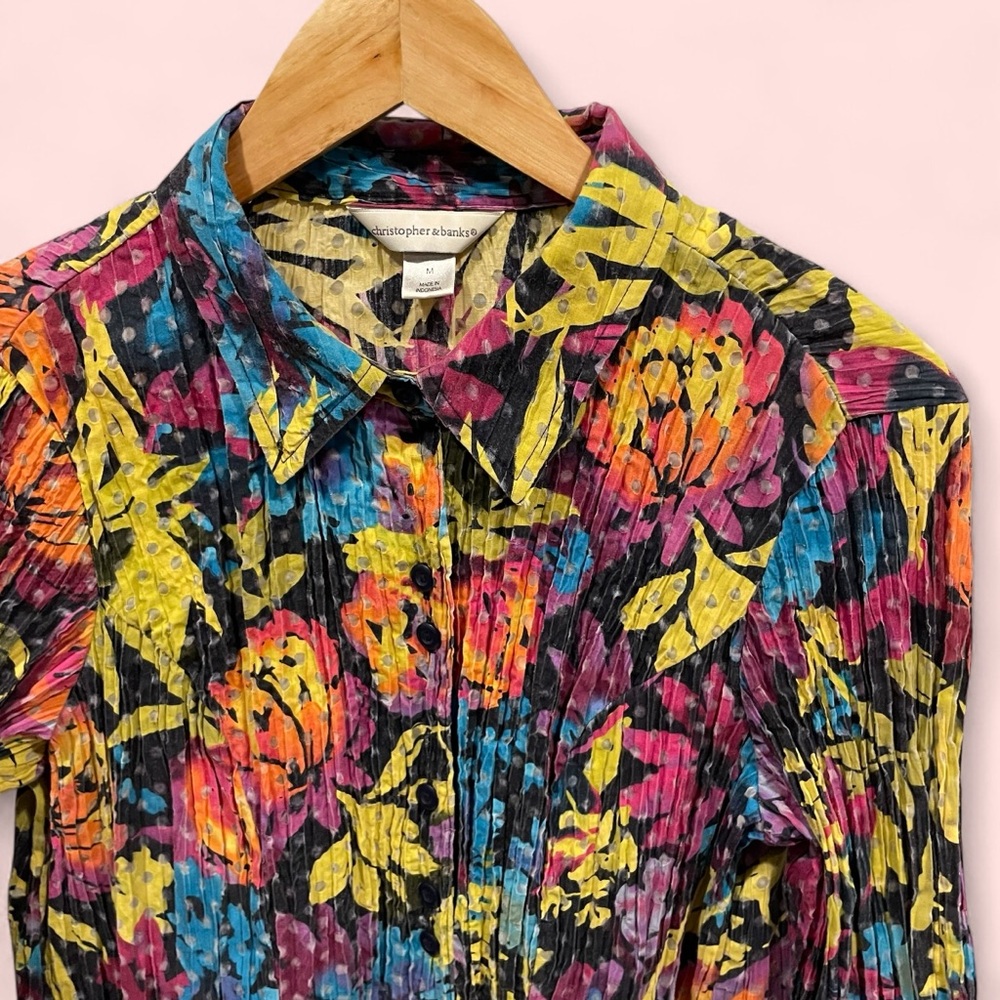 Vintage 90’s-Y2K rainbow floral crinkle 3/4 sleeve blouse ruffle hem lightweight